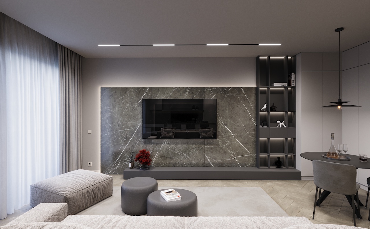 A photorealistic shot capturing a minimalist studio apartment interior with a focus on space efficiency. The scene showcases a convertible sofa bed transitioning from sofa to bed, demonstrating the versatility of the furniture. Soft, natural light illuminates the room, highlighting the clean lines and simple decor. The overall impression is one of practicality and modern design, ideal for urban living.