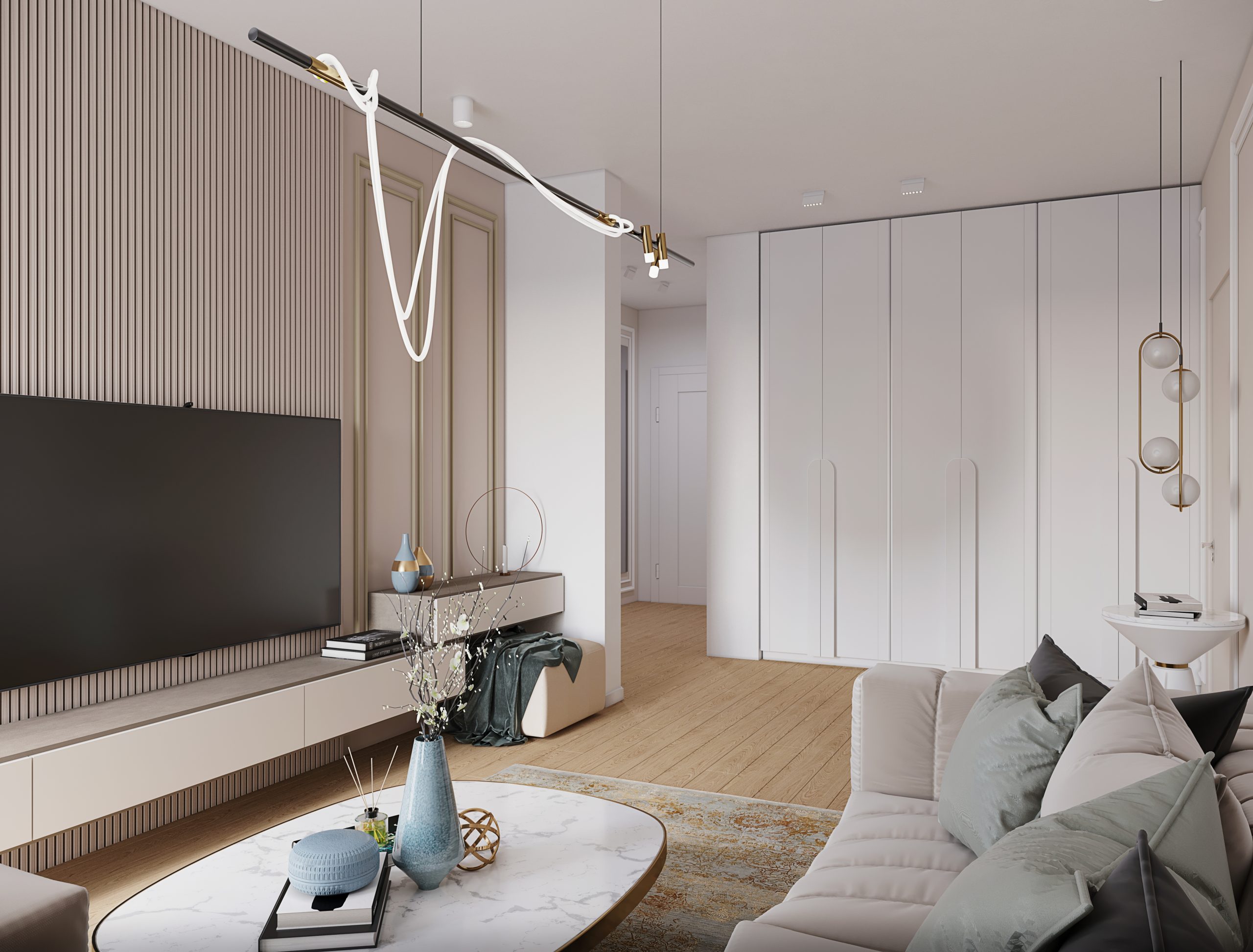 A photorealistic shot capturing interior design solutions for a small studio apartment in Bucharest. The scene features multifunctional furniture, such as a sofa bed, integrated storage, and a small dining table. Natural light streams through the window, enhancing the sense of space. The design emphasizes clean lines, minimalist decor, and efficient use of vertical space, creating a comfortable and stylish living environment.